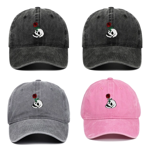 Casquette De Baseball En Coton Lavé Broderie Crâne Rose Rétro Extérieur Chapeau De Soleil Style De Rue