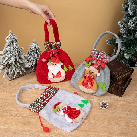 Weihnachtsgeschenktüten Filzstoff 3D Weihnachtsmann Schneemann Rentier Karo Kordelzug Griff Süßigkeiten Lagerung Party Deko