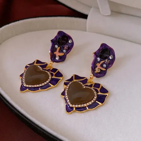 Pendientes De Gota De Corazón Barroco Vintage Esmalte Morado Diamantes De Imitación Resina Con Poste De Plata