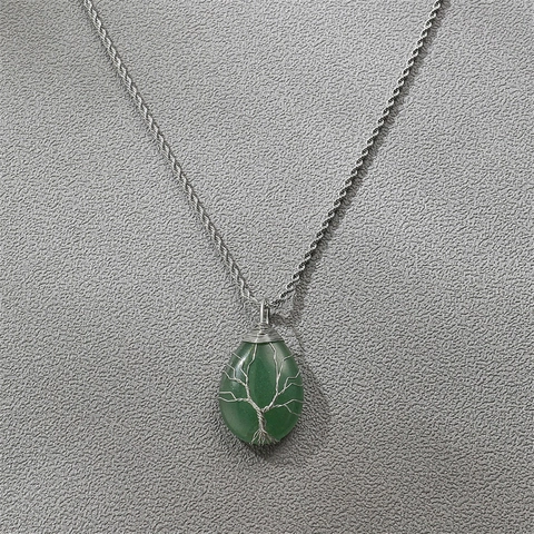 Tree Of Life Wire Wrapped Water Drop Pendant Necklace Natural Green Aventurine Stone Stainless Steel Twist Chain For Men Women Vintage Ethnic Jewelry