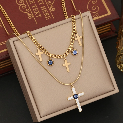 Edelstahl Kreuz Böser Blick Halskette Armband Ohrringe Vergoldet Straß Doppelstöckig Punk Clavicle Kette Schmuck