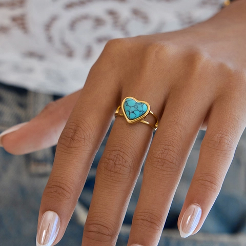 Herz Türkis Schmuck Halskette Ohrringe Ring Armband Edelstahl Wasserdicht Hypoallergen Elegant Vintage Damen Accessoire