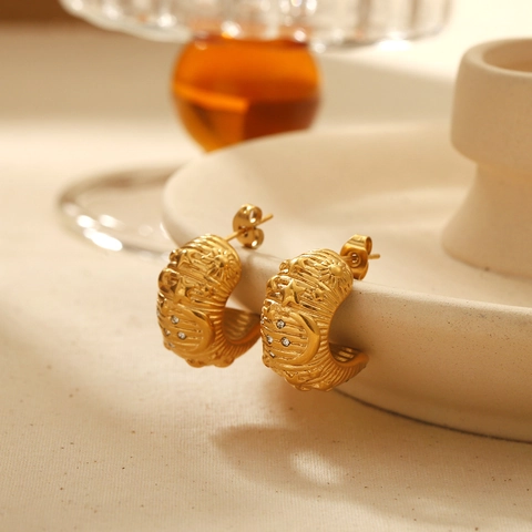 Créoles Célestes Vintage Pour Femmes En Acier Inoxydable Plaquées Or 18K Étoile Lune Soleil Zircon Incrusté Forme C