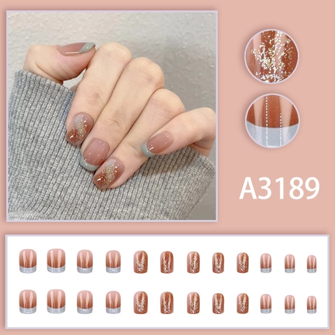 Press On Nails Courts Style Français Caramel Ambre Marbre Feuille Dor Paillettes Ongles Artificiels Elégants Pour Femmes
