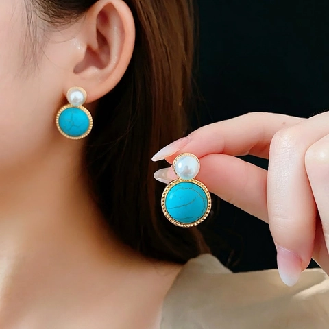 Pendientes Vintage Perla Artificial Redonda Turquesa Con Poste De Plata Aleación Dorada Elegante Retro Lujo Para Mujeres