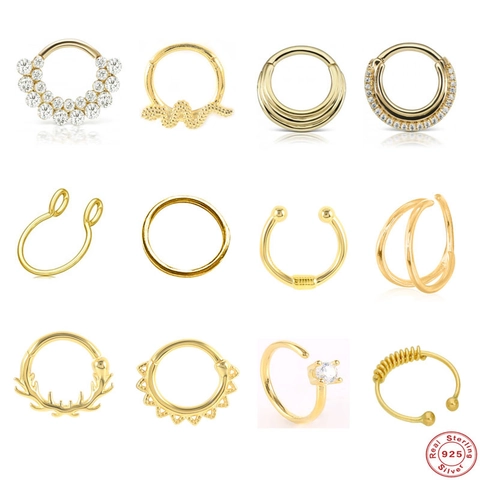 Anello Al Naso In Argento Sterling 925 Septum Cartilagine Orecchino Piercing Gioielli Zircone Placcato Oro Accessorio Moda Donna