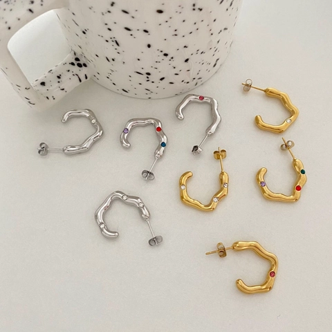Stainless Steel Irregular Wave Hoop Earrings Gold Plated Geometric C-Shape With Colorful Rhinestones For Women