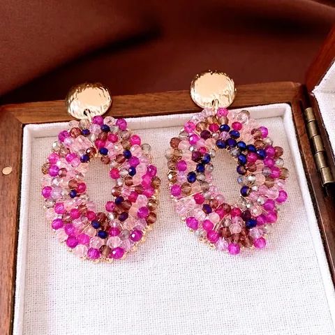 Bohemian Vintage Beaded Oval Hoop Earrings Glass Beads Alloy Hammered Texture With 925 Sterling Silver Earring Post