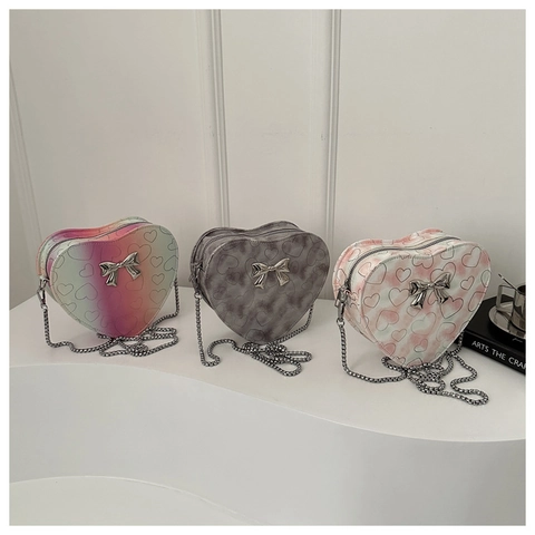Women Heart Shaped PU Leather Crossbody Bag Fashion Bow Decor Heart Embossed Shoulder Bag With Metal Chain Strap Handbag