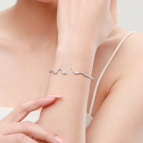 Bracelet Jonc Ouvert Serpent En Argent Sterling 925 Pour Femmes Avec Zircone Cubique Scintillante Bijoux Réglables