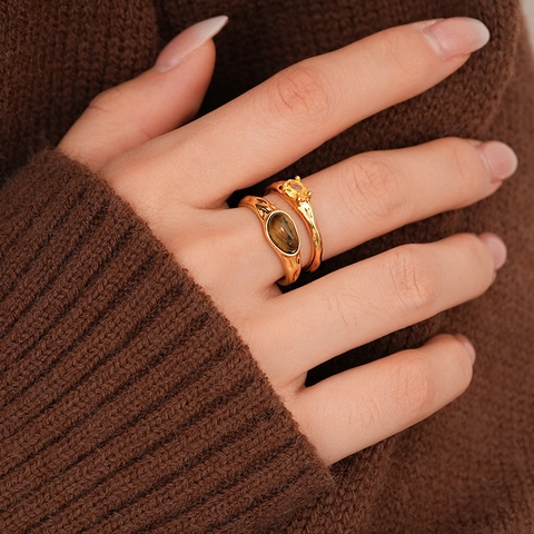 Anillos Ajustables Abiertos Vintage Franceses Chapado En Oro 18k Textura De Lava Piedra Ojo De Tigre Circón Para Mujeres