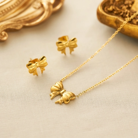 Roestvrijstalen Strik Ketting Bowknot Oorknopjes Voor Vrouwen Verguld Lint Ontwerp Minimalistische Mode Accessoire Sieraden