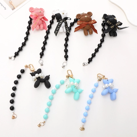 Acrylic Cartoon Bear Balloon Dog Phone Chain Charm Artificial Pearl Bead Bag Pendant Keychain For Women Daily Accessory