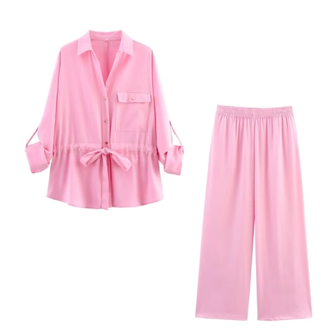 Women Casual Long Sleeve Lapel Button Down Shirt And Wide Leg Pants Safari Style Solid Color Polyester