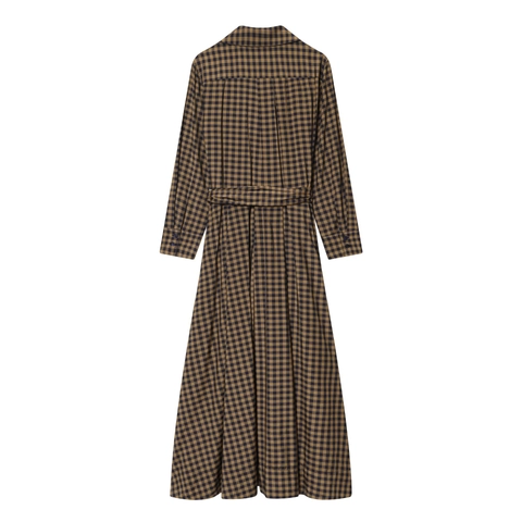 Damen Plaid Maxi Hemdkleid V-Ausschnitt Langarm Bindegürtel Elegant Vintage Lässig Herbst Frühling Büro Mode