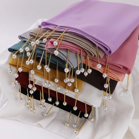 Hijab In Chiffon Con Nappa Di Künstliche Perle E Tubo Metallico Scialle Trasparente Tinta Unita Per Donna Stile Etnico Elegante