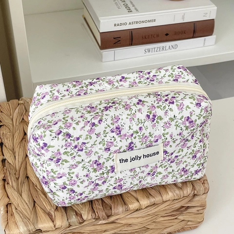 Floral Quilted Makeup Bag Cotton Aesthetic Small Flower Cosmetic Storage Pouch Travel Portable Zipper Organizer For Women