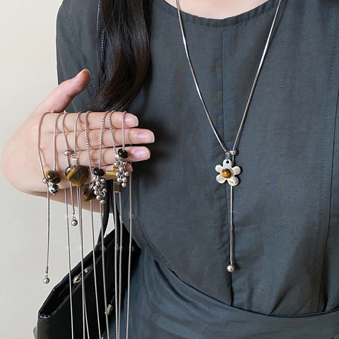 Collier Long Avec Pendentif Acier Inoxydable Pierre Oeil De Tigre Chaîne De Pull Bijoux Vintage Pour Femme