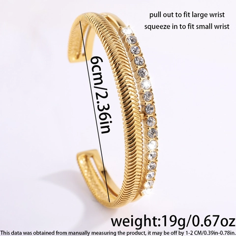 Stainless Steel Double Layer Open Bangle Gold Plated Rhinestone Herringbone Pattern Retro Vacation Fashion Cuff Bracelet