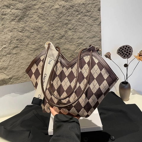 Argyle Plaid Tweed Tote Bag For Women Large Capacity V-Shaped Opening Casual Shoulder Handbag With Ribbon
