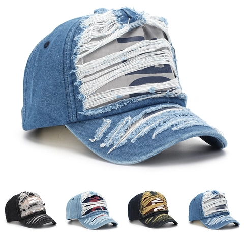 Distressed Denim Baseball Cap Zerrissene Löcher Gefranst Vintage Streetwear Verstellbarer Sonnenschutzhut