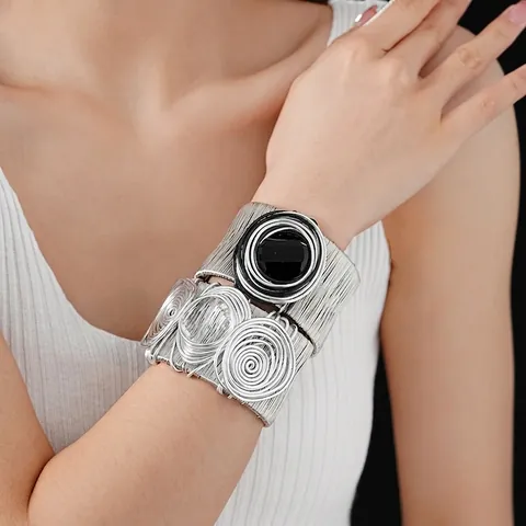 Bohemian Wide Cuff Bracelet Metal Wire Wrapped Spiral Design Adjustable Open Punk Style Hand Jewelry For Women