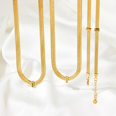 Stainless Steel Flat Snake Chain Necklace Elegant Rectangular Rhinestone Pendant Gold Silver Plated Jewelry For Women