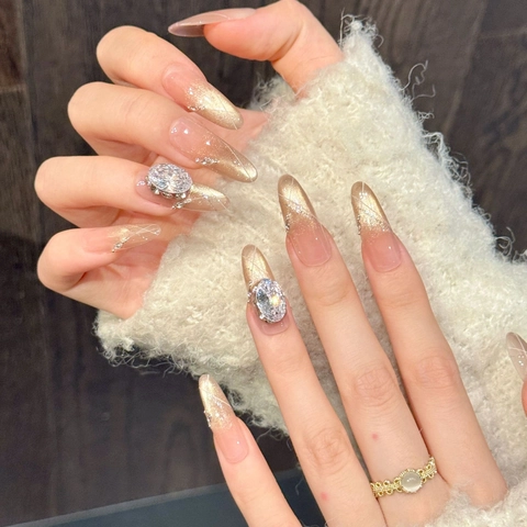 Handmade Press On Nails Long Stiletto Almond Caramel Cat Eye Gradient Glitter Large Rhinestone Luxury Elegant For Women