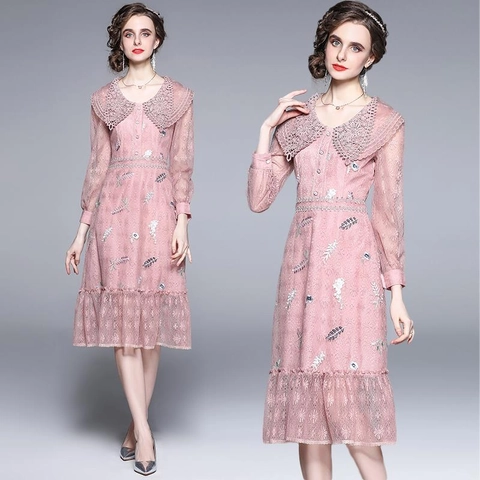 Abito Midi In Pizzo Rosa Con Maniche Lunghe E Colletto Peter Pan Ricamo Floreale Elegante Vestibilità Slim Per Donna