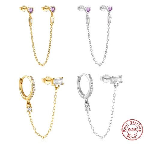 925 Sterling Zilveren Oorbellen Met Paars Hart Zirkonia En Schakelketting Asymmetrisch Ontwerp