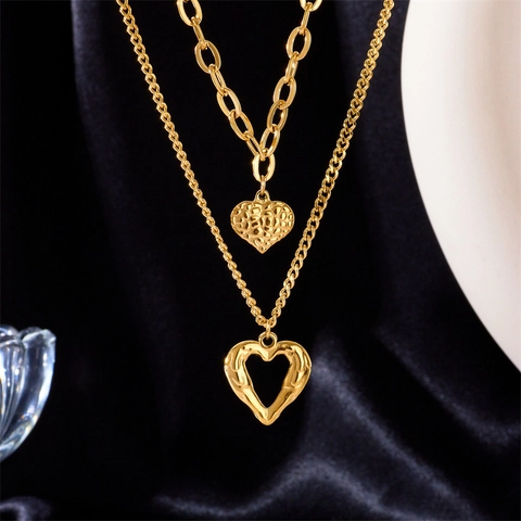 Trendy Double Layer Heart Pendant Necklace For Women Gold Plated Alloy Heart Shape Chunky Chain Versatile Fashion Jewelry Gift