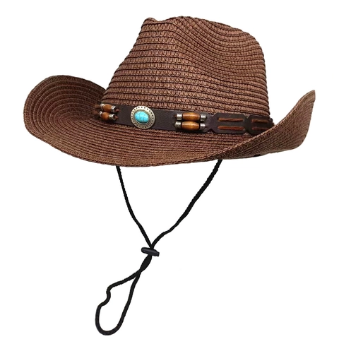 Western Cowboy Hat Straw Braided Sun Protection Summer Outdoor Ethnic Turquoise Leather Belt Wood Beads Windproof Rope