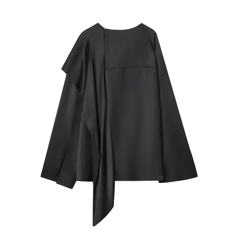 Elegante Schwarze Azetat-Satin-Bluse Für Damen Mit Wasserfallausschnitt Langarm Asymmetrische Drapierte Schicke Abendhemd