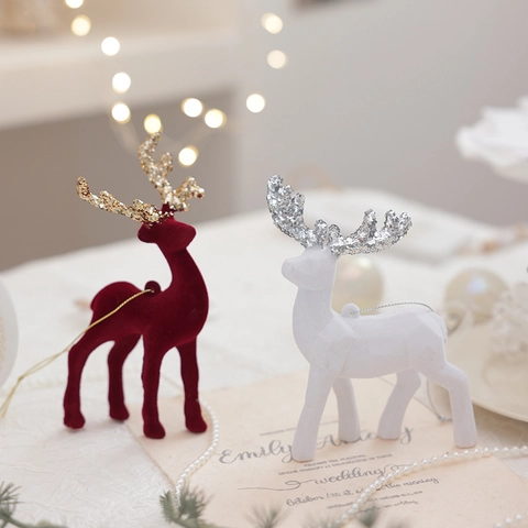 Christmas Reindeer Figurine Ornaments Flocking PVC With Glitter Antlers Festive Desktop Decoration Hanging Pendants For Holiday Party