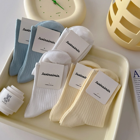 Women Ribbed Crew Socks Combed Cotton Breathable Solid Color Japanese Style Soft Slouchy Mid Calf