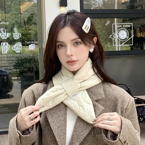 Bufanda Acolchada de Invierno para Mujer Calentador de Cuello Térmico Engrosado Diseño Cruzado Color Sólido Cortavientos