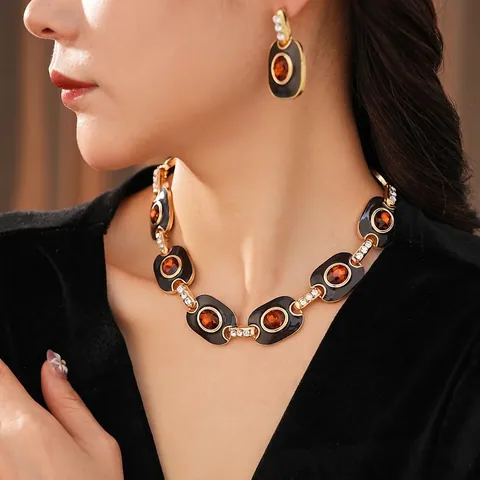 Collana E Orecchini In Lega Di Smalto E Strass Stile Palazzo Vintage Con Perno In Argento Accessorio Gioielli Donna Elegante