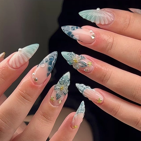 Vintage Blue Gradient Press On Nails With 3D Sea Shell Starfish Artificial Pearl Rhinestone Decor Long Almond ABS Plastic Luxury