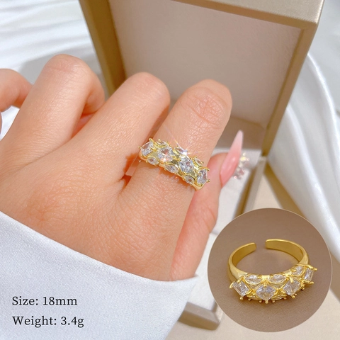 Adjustable Open Ring Gold Plated Brass Cubic Zirconia Square Marquise Cut Pave Wedding Finger Jewelry For Women