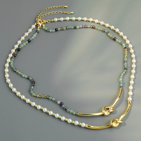Collar de Cuentas de Cobre de Estilo Francés Bohemio para Mujer Con Perla Artificial y Nudo de Piedra Natural Cadena de Clavícula