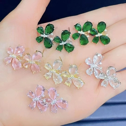 Korean Style Butterfly Shape Stud Earrings With Colorful Rhinestone Inlaid Gold Silver Plated Metal Animal Jewelry For Women