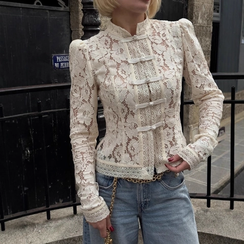 Lace Blouse Top Stand Collar Chinese Frog Button Retro Long Sleeve Slim Fit Elegant Vintage New Chinese Style Shirt