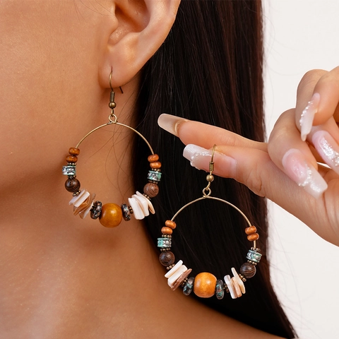Pendientes De Aro Bohemios Con Cuentas De Madera Conchas Naturales Pendientes Colgantes Aleación Retro Para Mujer