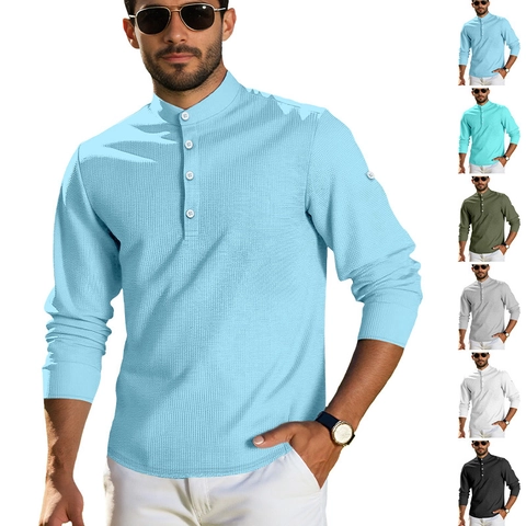 Herren Langarm Waffelstrick Henley Shirt Stehkragen Lässig Business Mode Knopfleiste Einfarbig Slim Fit Oberteil