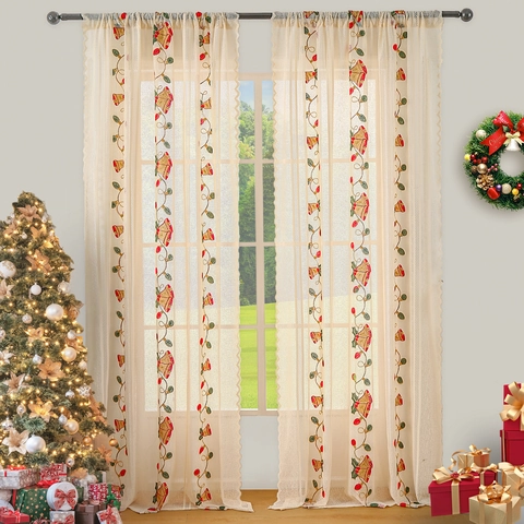 Christmas Lace Curtains Embroidered Bell Holly Pattern Semi Blackout Window Decor American Style Polyester Mesh