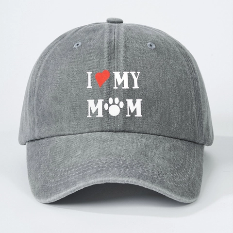 Casquette De Baseball En Coton Lavé I Love My Mom Cœur Patte Vintage Ajustable Chapeau De Soleil