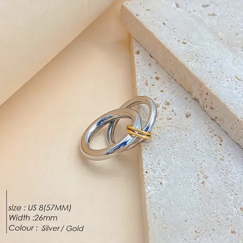 Vintage Elegant Stainless Steel Interlocking Double Rings Geometric Gold Silver Plated Fashion Jewelry Finger Ring US Size 8