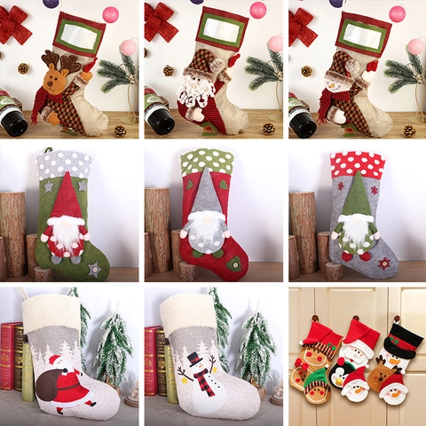Christmas Stockings Burlap Knitted 3D Santa Snowman Reindeer Gnome Embroidery Hanging Holiday Fireplace Decor Gift Bags