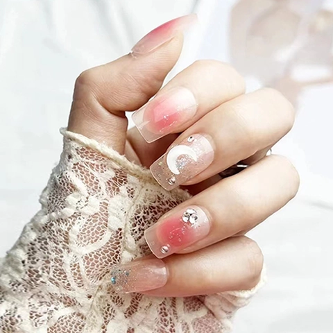 Pink Blush Gradient Press On Nails With Rhinestones And Moon Patterns Sweet Ins Style Long Square False Nails For Women