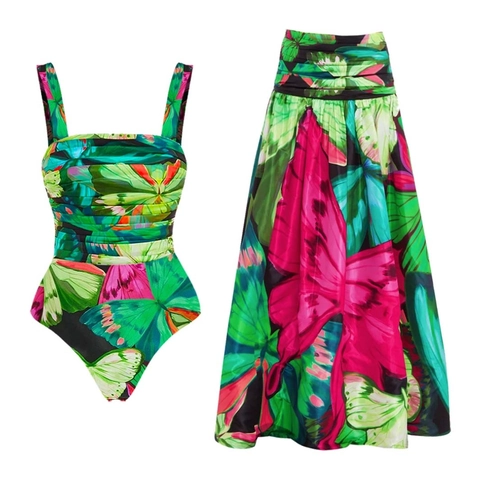 Damen Schmetterlingsdruck Einteiler Badeanzug Gerafft Figurformend Schnelltrocknend Beachwear Oberteil Und Unterteil Set Mit Hoher Taille Rock